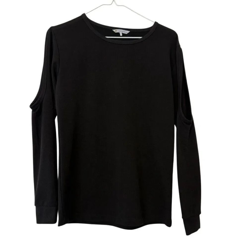 C&C California Crew Neck Cold Shoulder Long Sleeve Pullover Black Top Size Small